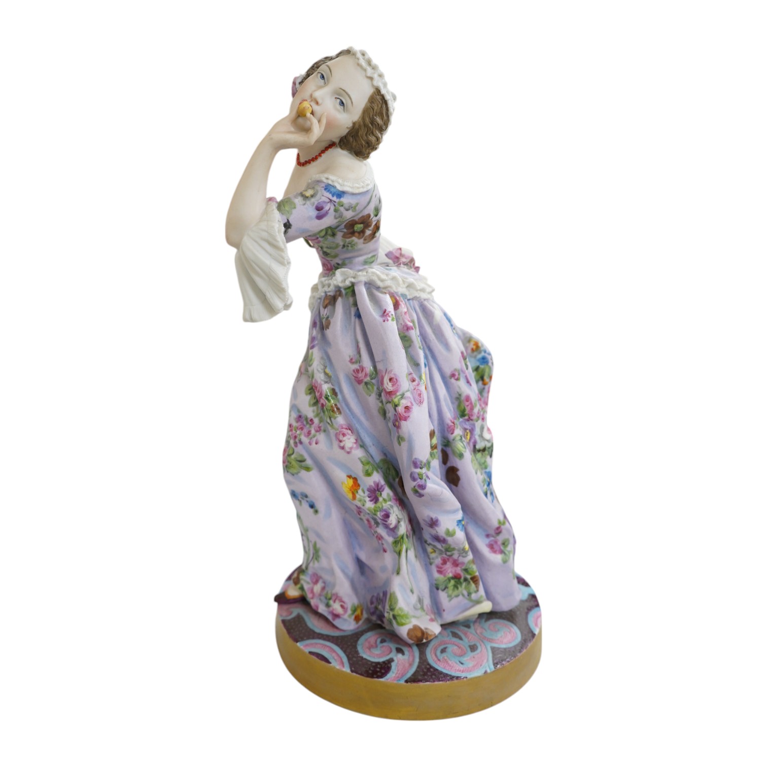 A mid-19th century Gille Jeune, Paris coloured biscuit porcelain figure of a lady, 36cm. Condition - poor to fair